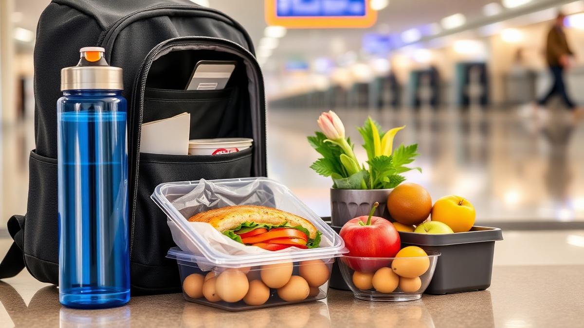 Meegenomen eten, fruit en een waterfles naast een rugzak op de luchthaven
