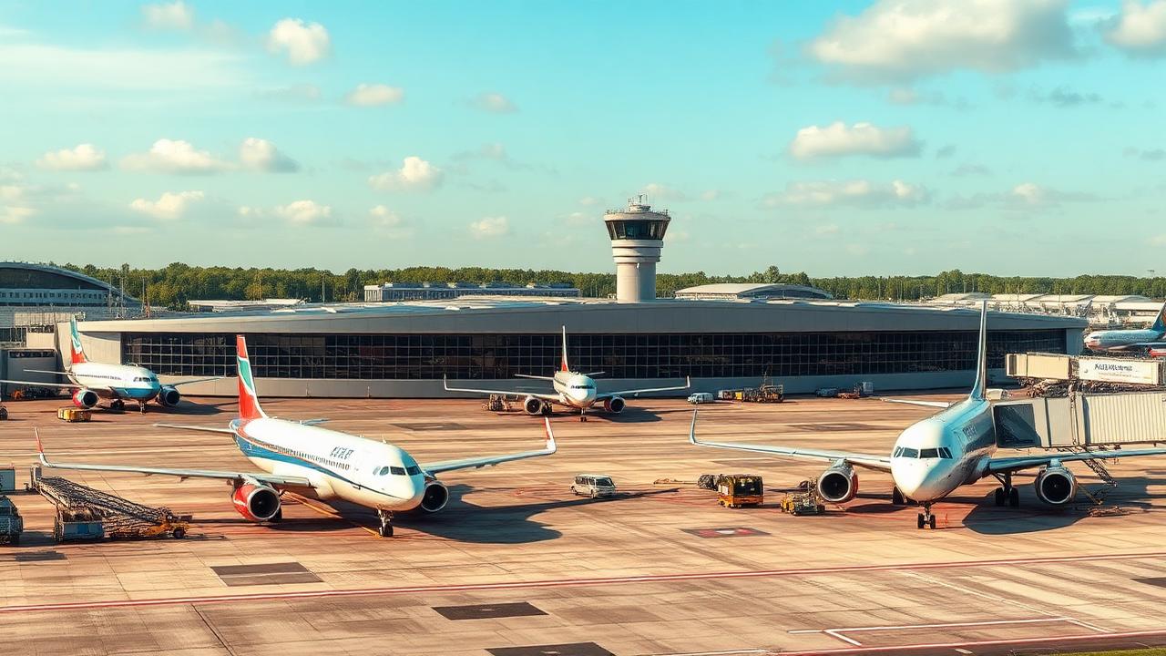 Regionale luchthaven met vliegtuigen op het platform en verkeerstoren