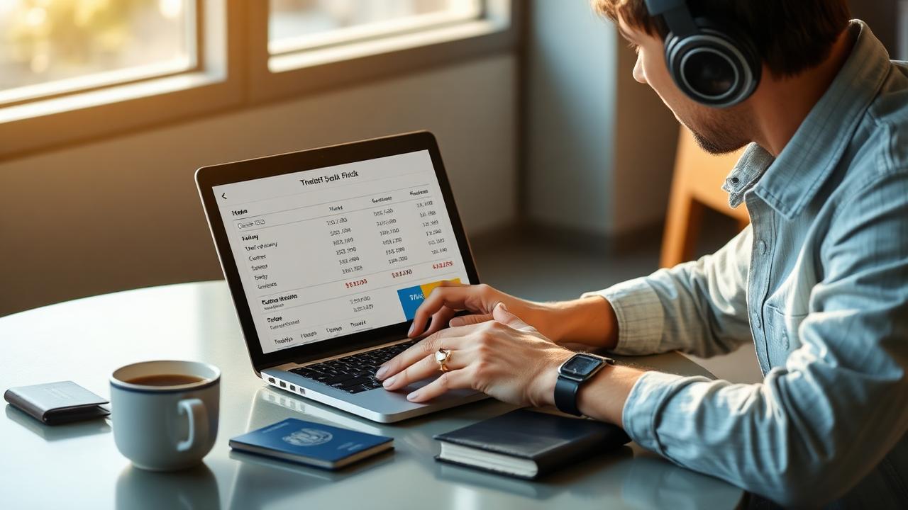Reiziger vergelijkt ticketprijzen op een laptop met paspoort op tafel