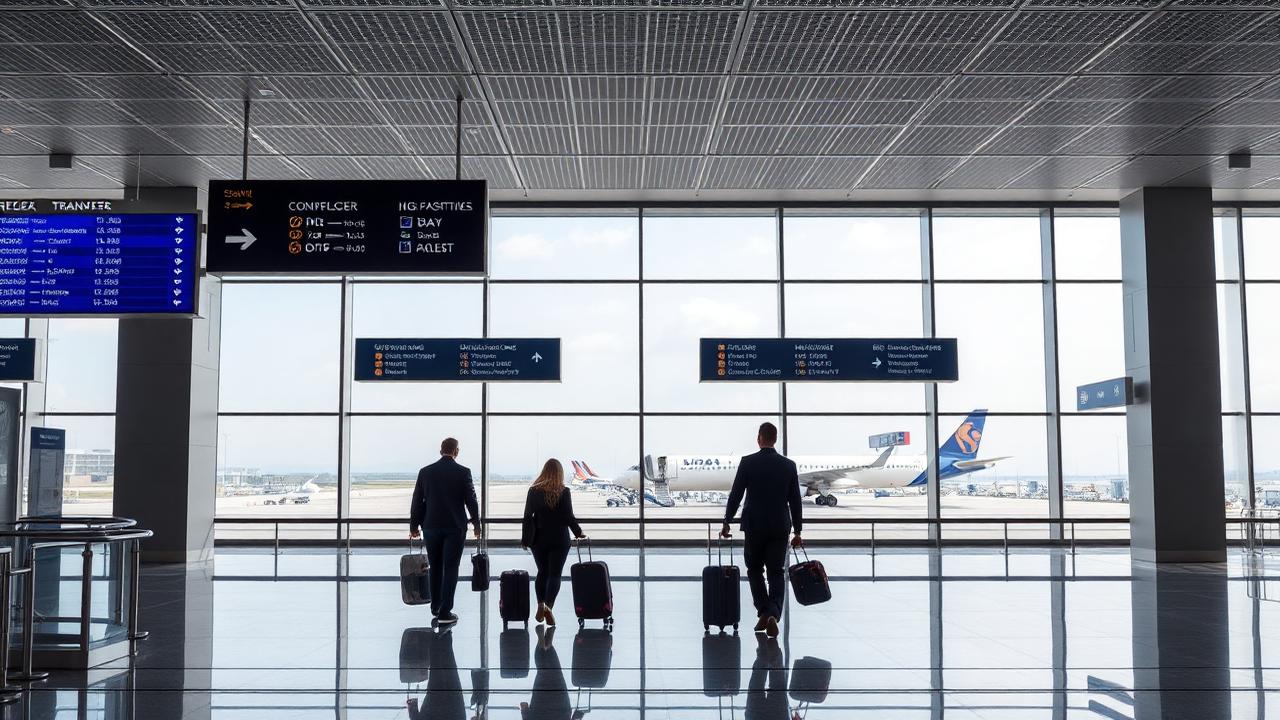 Transferhal van een luchthaven met bewegwijzering naar aansluitende vluchten