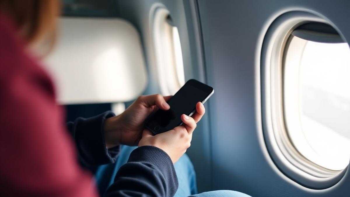 Passagier met smartphone in de vliegtuigcabine bij het raam